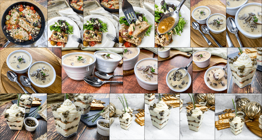 PLR Stack Foodie Sample Pack Recipe Images = Cream of Mushroom Soup, Smothered Mediterranean Pork Chops, and Smoked Salmon Appetizer PLR Recipes
